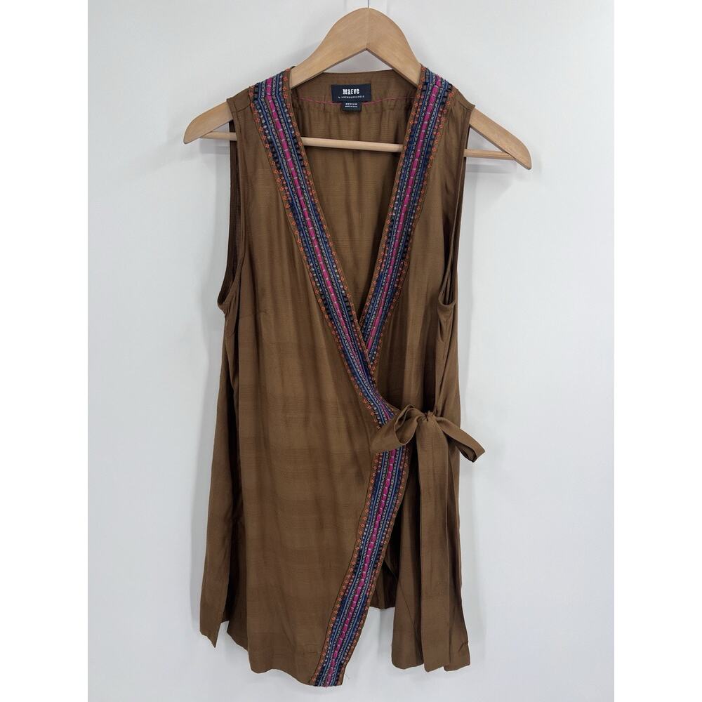Maeve Anthropologie Liviana Sleeveless Wrap Tunic Embroidered Camel Brown Medium - Picture 2 of 6